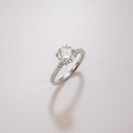 Round cut diamond pavé ring in cathedral setting in white gold on a soft neutral background – tinxx jewelry
