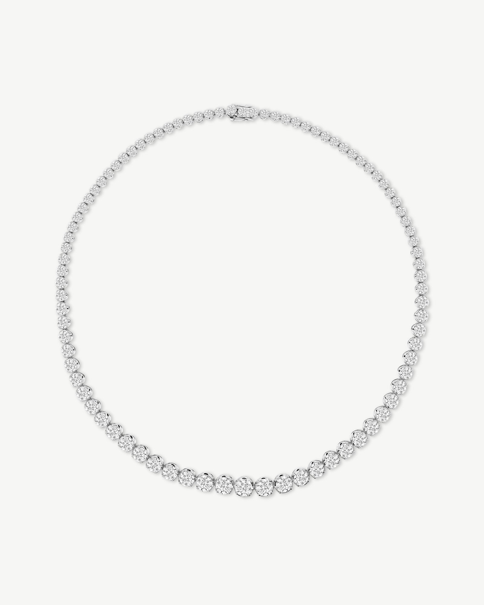 20.00 ctw white gold graduated tennis necklace with round diamonds on a white background