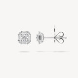 Round Diamond Halo Stud Earrings with Baguette Cut Halo
