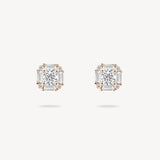 Round Diamond Halo Stud Earrings with Baguette Cut Halo