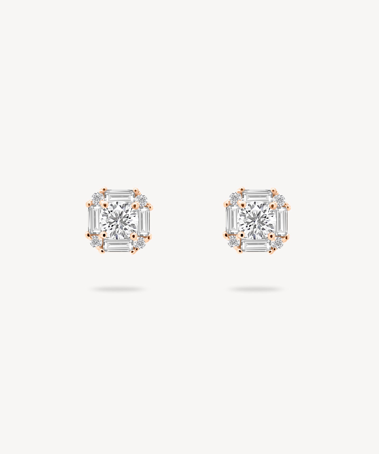 Round Diamond Halo Stud Earrings with Baguette Cut Halo