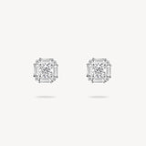 Round Diamond Halo Stud Earrings with Baguette Cut Halo
