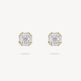 Round Diamond Halo Stud Earrings with Baguette Cut Halo