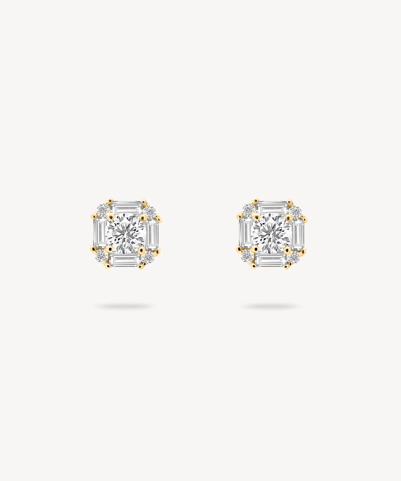 Round Diamond Halo Stud Earrings with Baguette Cut Halo