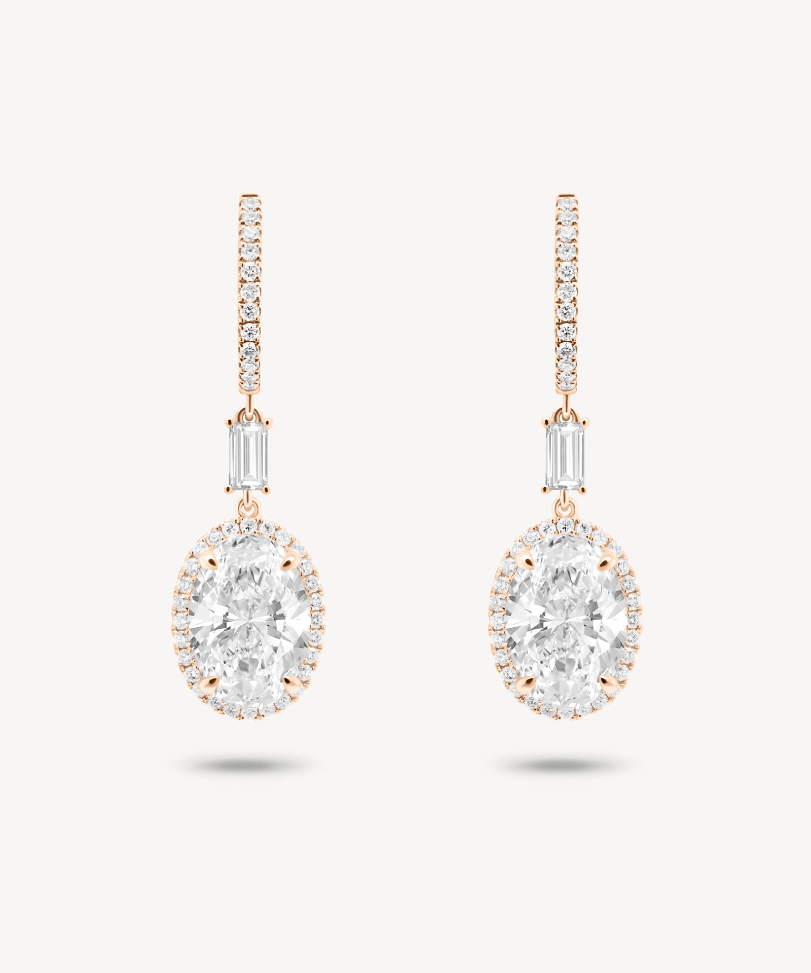 Oval and Baguette Cut Diamond Huggie Halo Drop Earrings