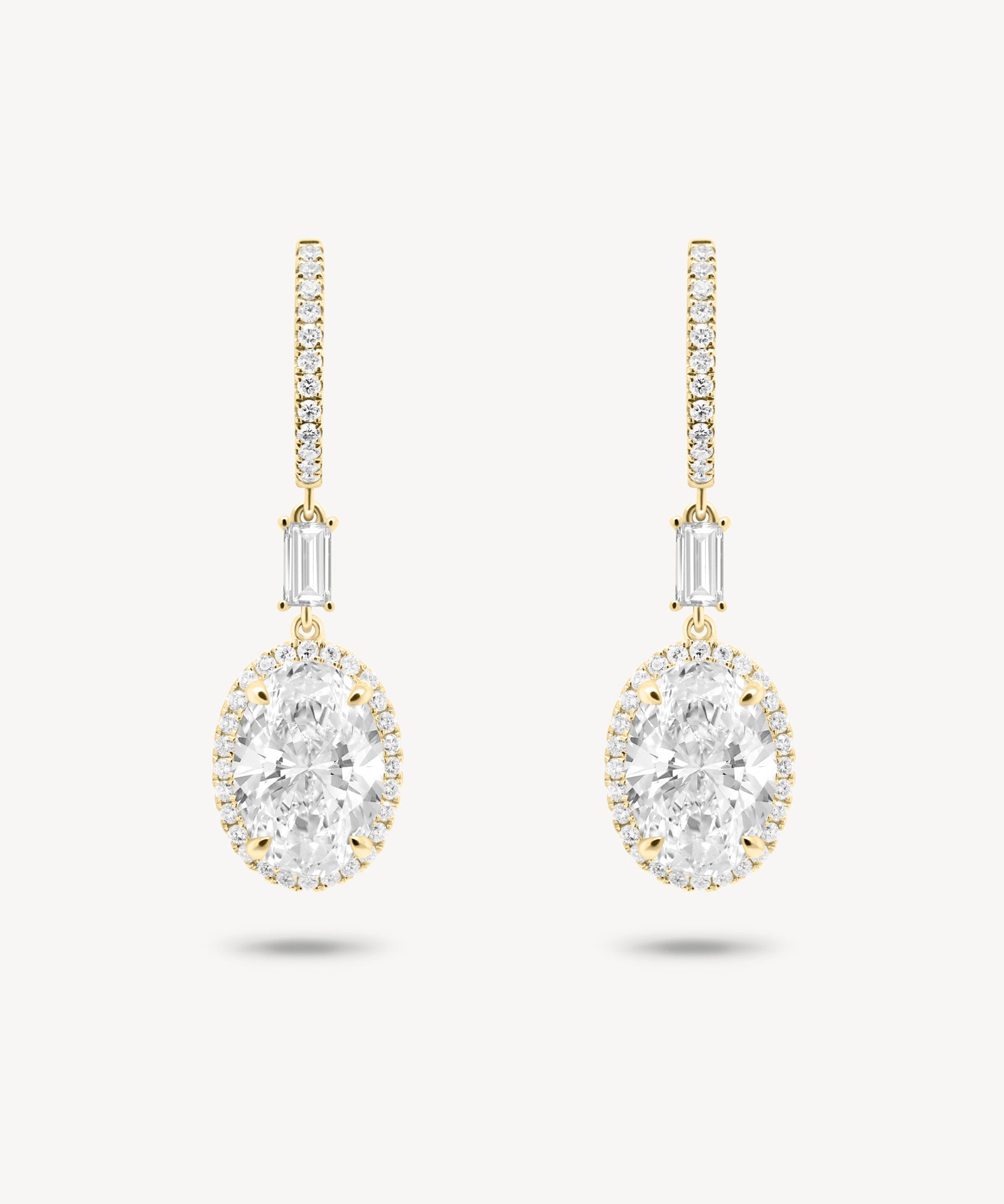 Oval and Baguette Cut Diamond Huggie Halo Drop Earrings