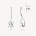 Pear cut diamond drop earrings in white gold, front and side view