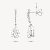 Pear cut diamond drop earrings in white gold, front and side view