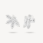 Marquise and pear cut diamond cluster stud earrings in white gold, front and side view