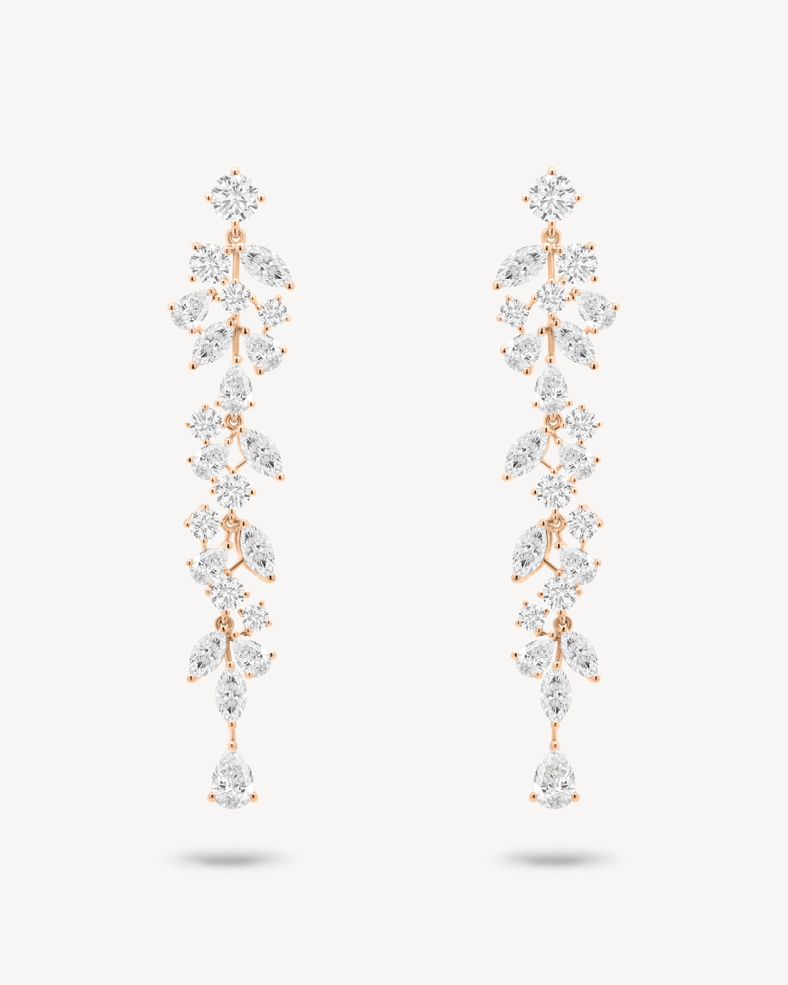 Mixed diamond long drop vine earrings in rose gold