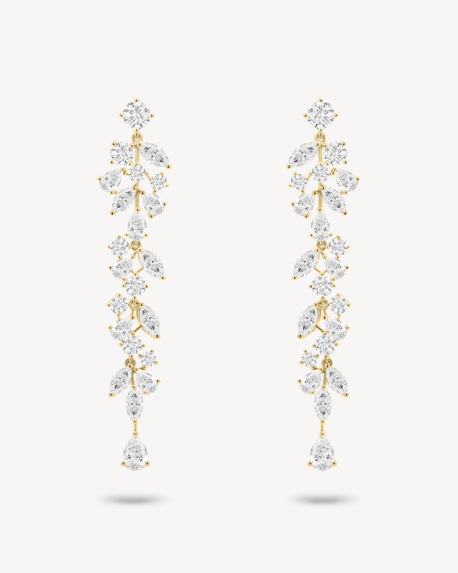 Mixed diamond long drop vine earrings in yellow gold