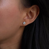 Round cut diamond solitaire six-prong stud earring in white gold worn on ear – tinxx jewelry
