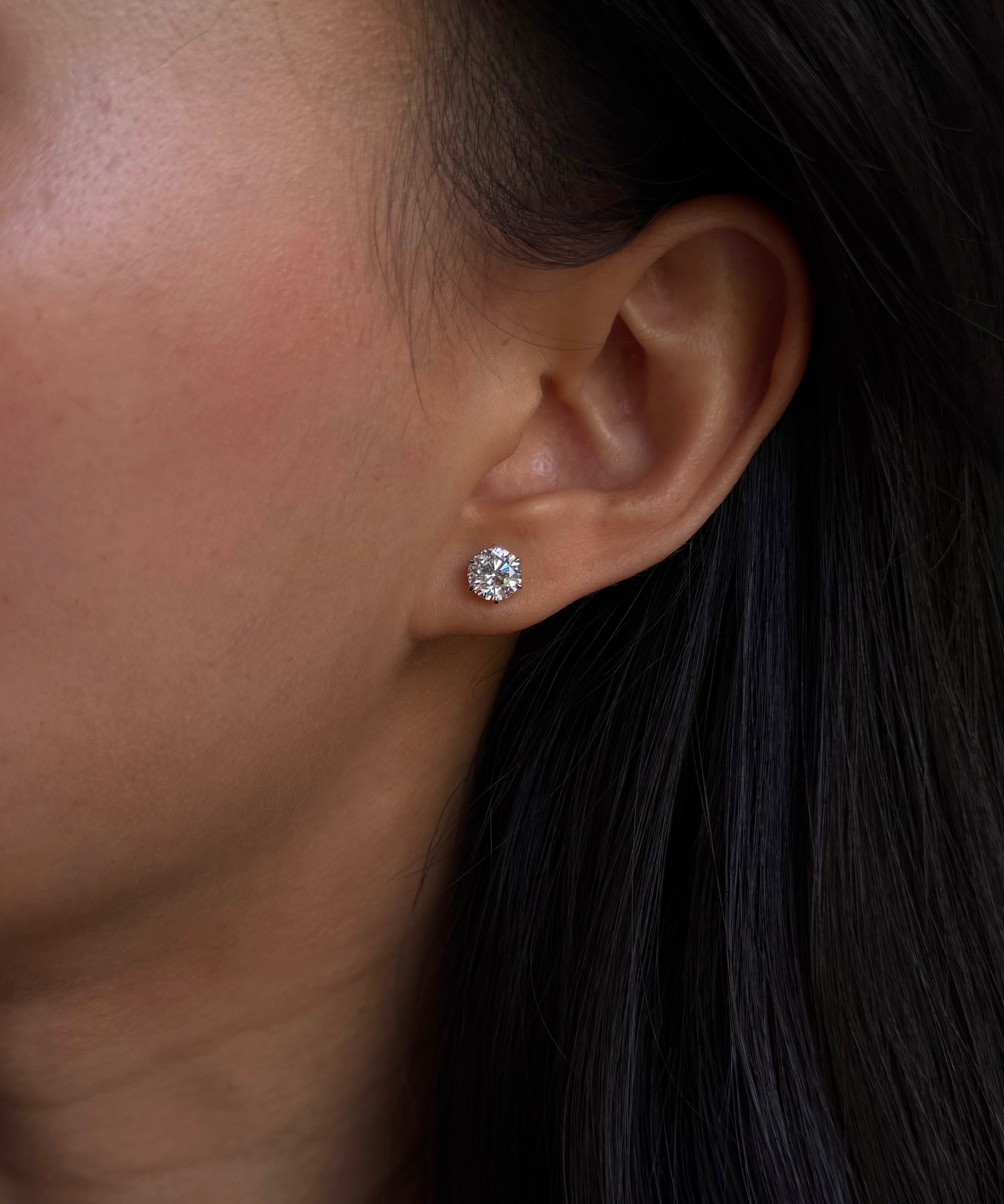 Round cut diamond solitaire six-prong stud earring in white gold worn on ear – tinxx jewelry
