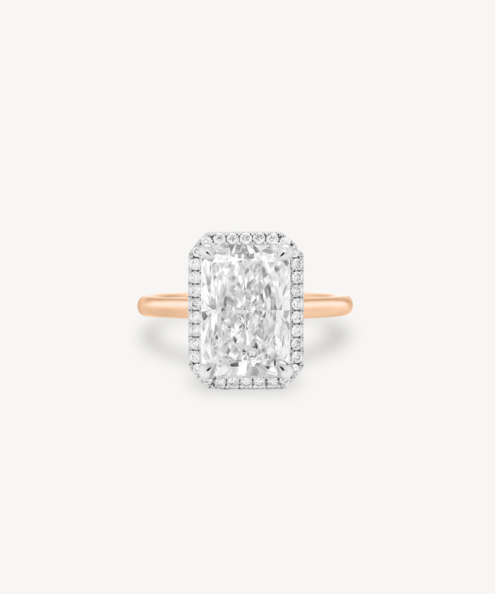 Radiant Cut Diamond Halo Two-Tone Ring in Cathedral Setting