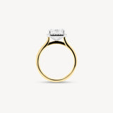 Emerald Cut Diamond Halo Two-Tone Ring in Cathedral Setting