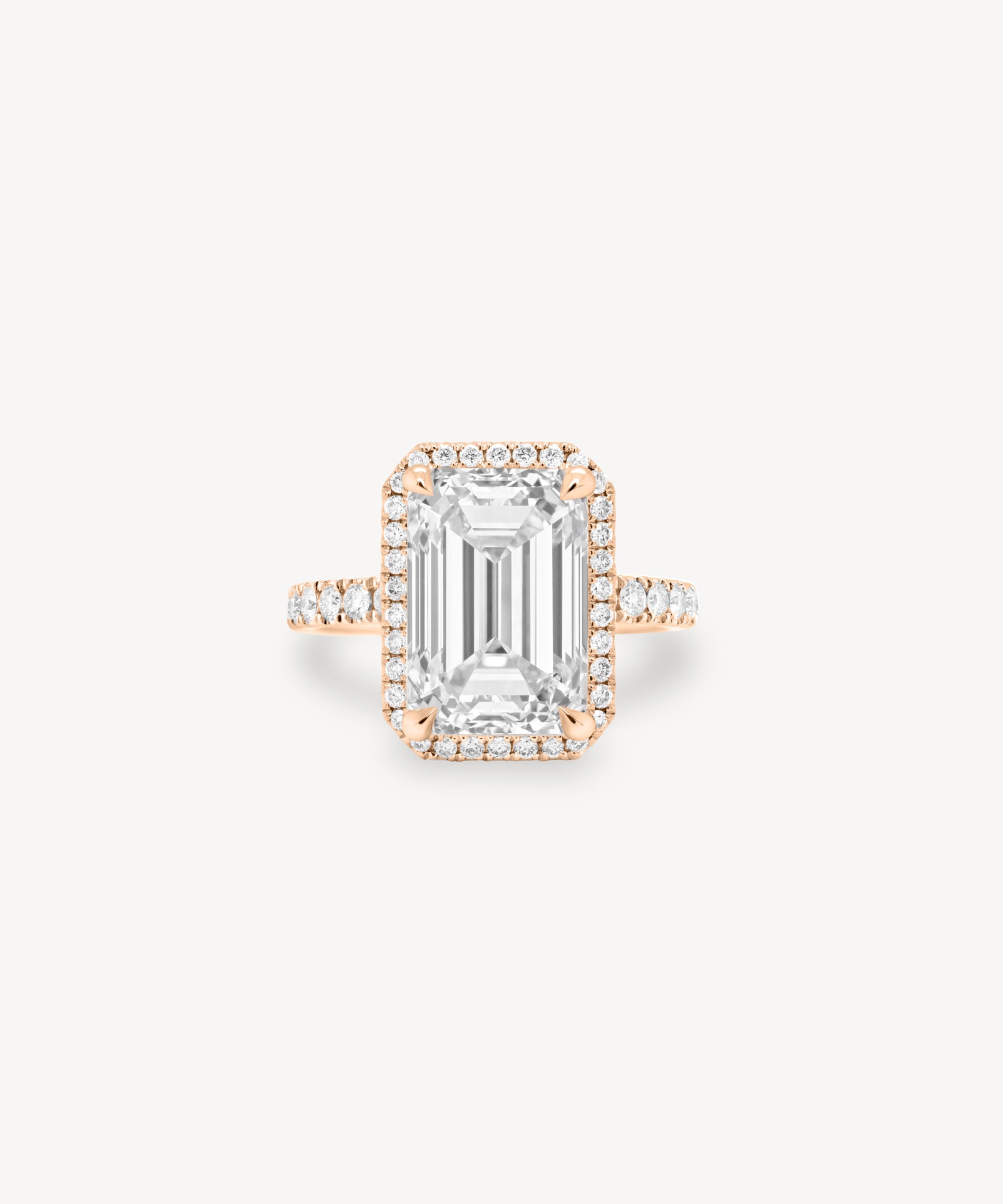 Emerald Cut Diamond Halo Pavé Ring in Cathedral Setting