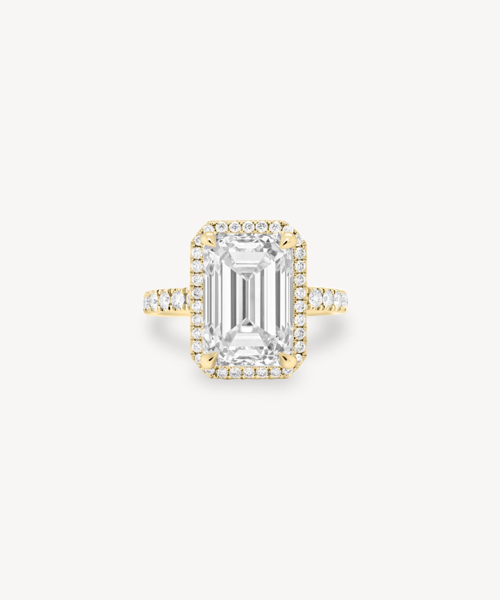Emerald Cut Diamond Halo Pavé Ring in Cathedral Setting