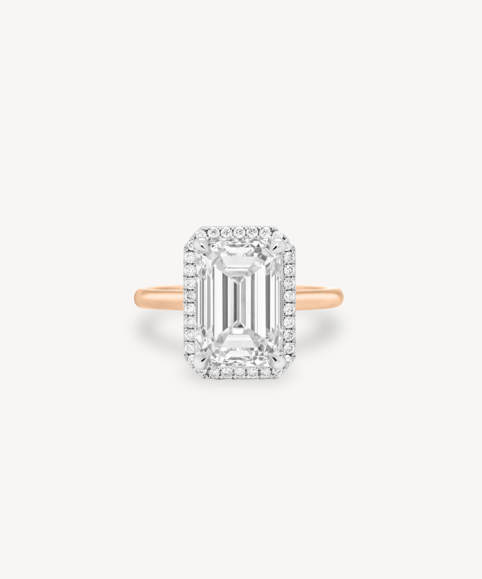 Emerald Cut Diamond Halo Two-Tone Ring in Cathedral Setting