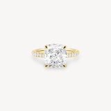 Cushion Cut Diamond Pavé Ring in Cathedral Setting with Hidden Halo