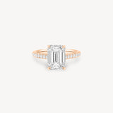 Emerald Cut Diamond Pavé Ring in Cathedral Setting with Hidden Halo