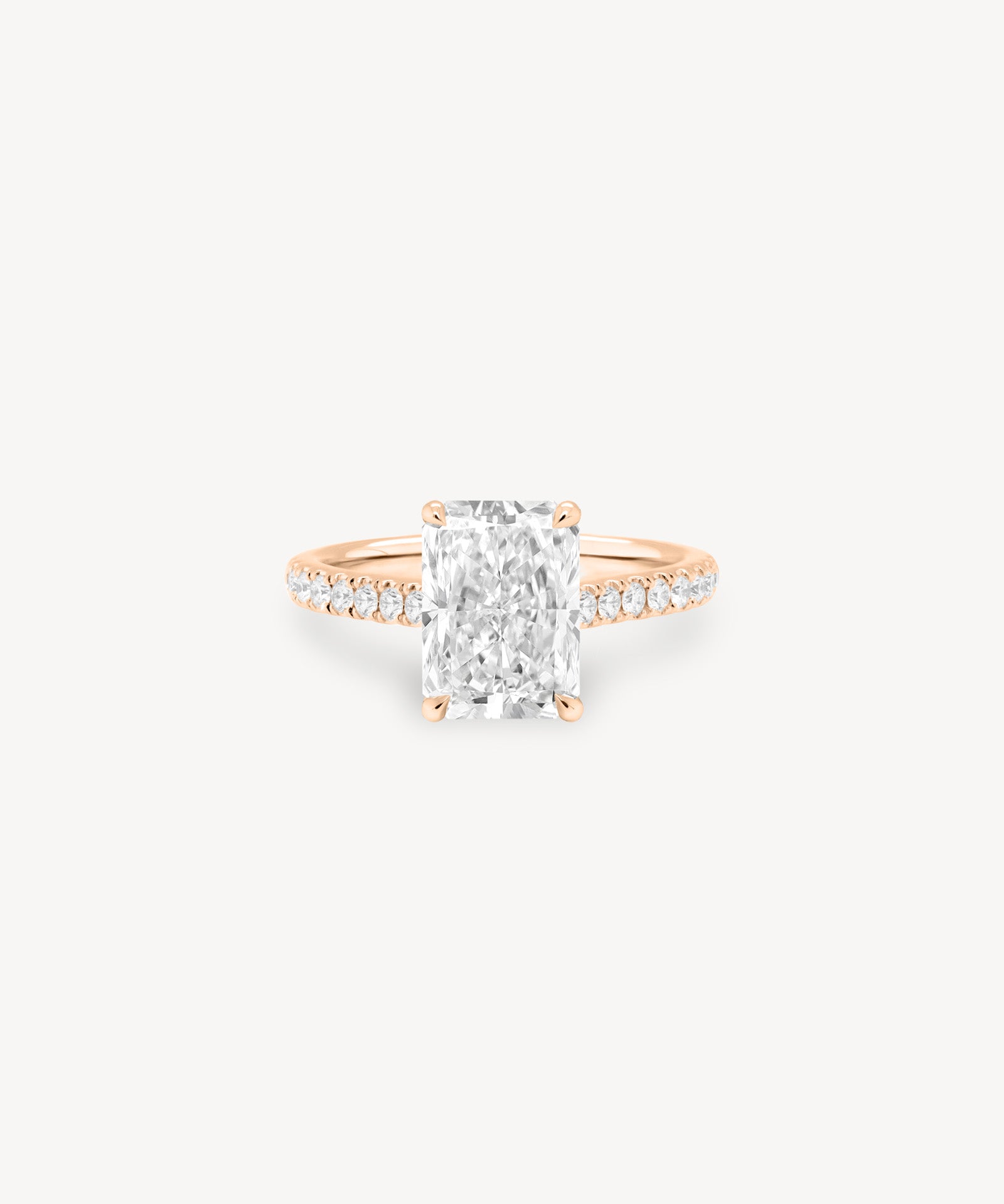Radiant Cut Diamond Pavé Ring in Cathedral Setting with Hidden Halo