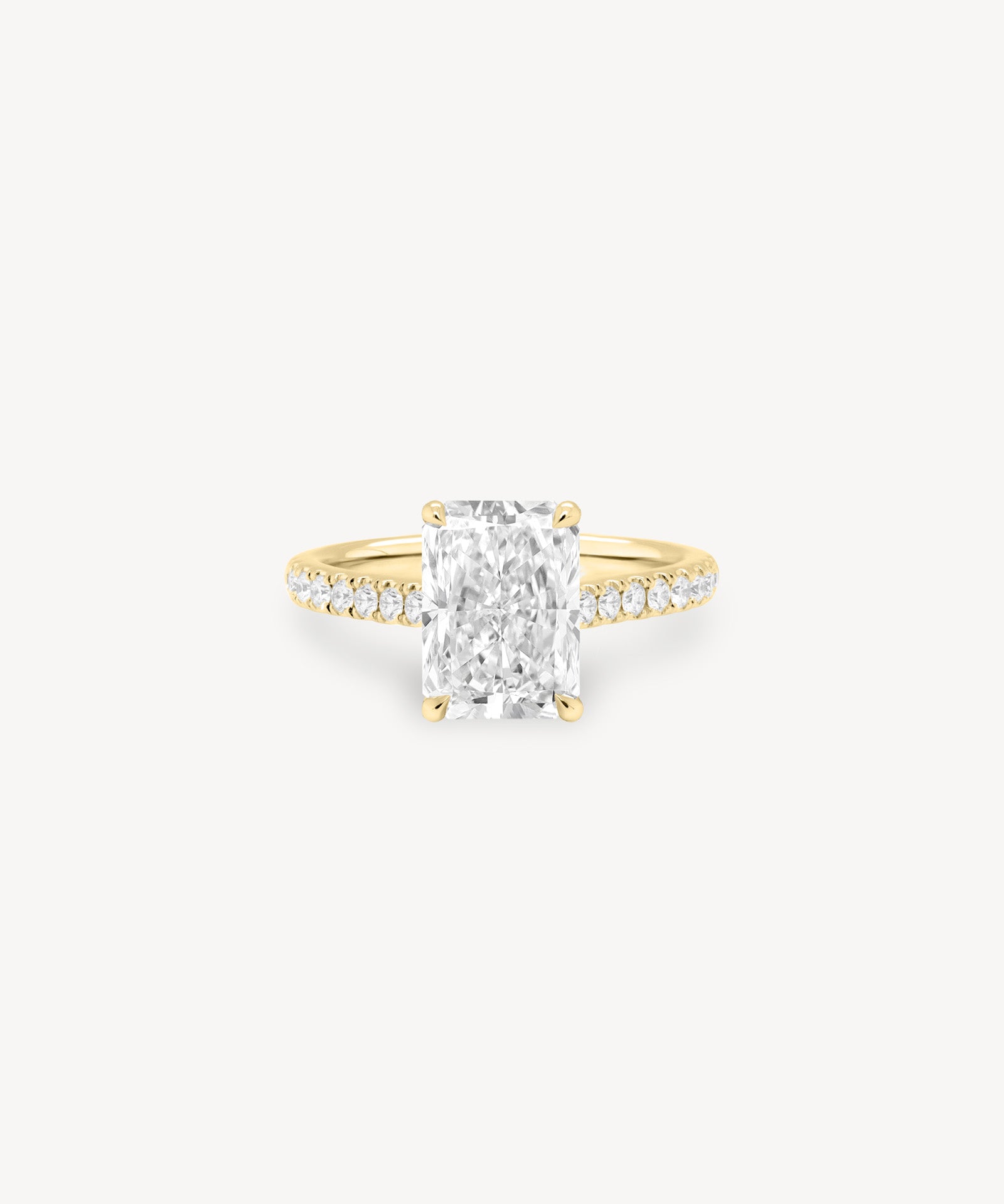 Radiant Cut Diamond Pavé Ring in Cathedral Setting with Hidden Halo