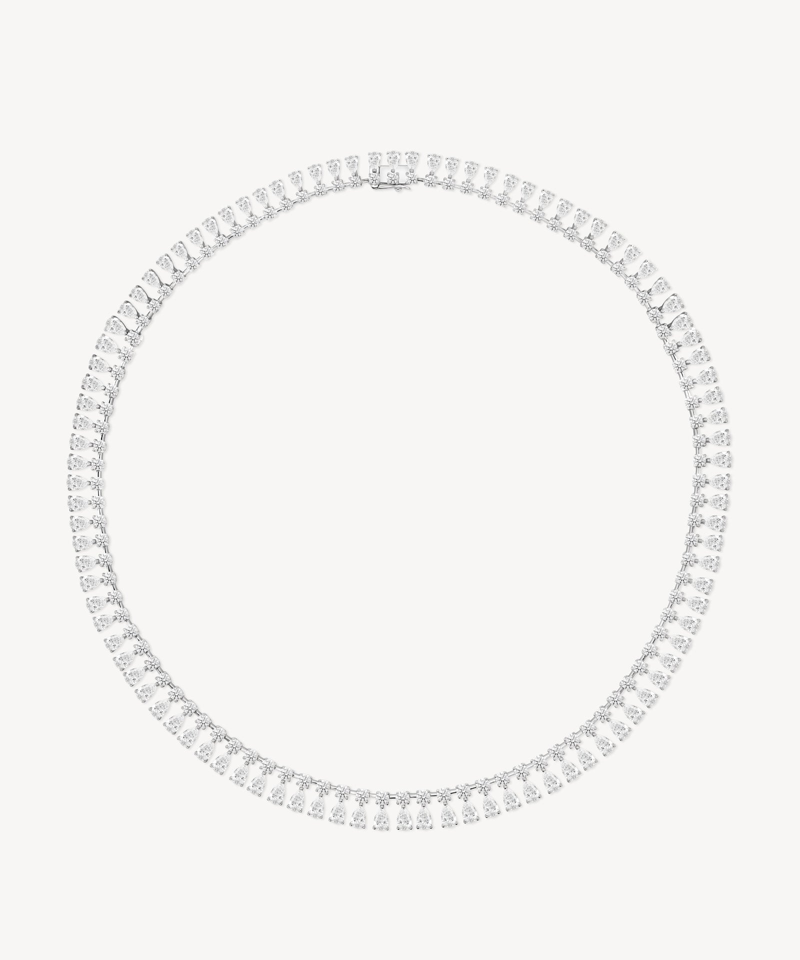 Double row round and pear cut diamond tennis necklace in white gold