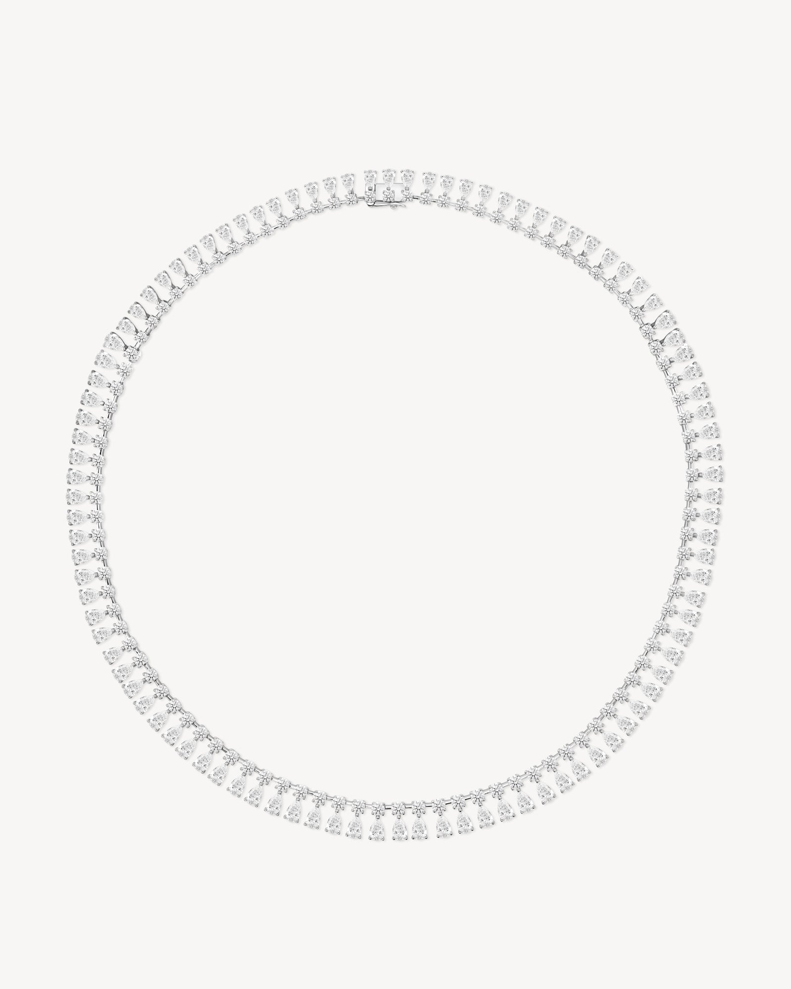 Double row round and pear cut diamond tennis necklace in white gold