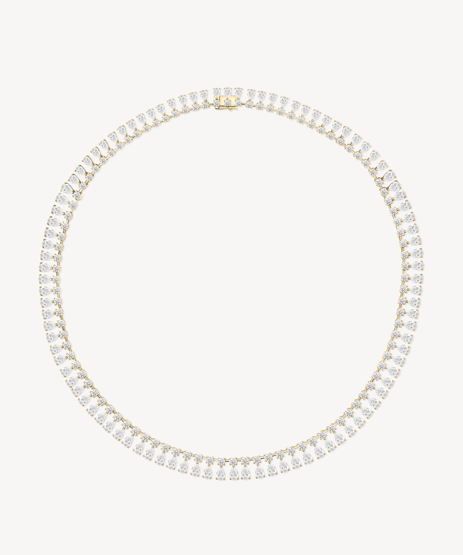 Double row round and pear cut diamond tennis necklace in yellow gold