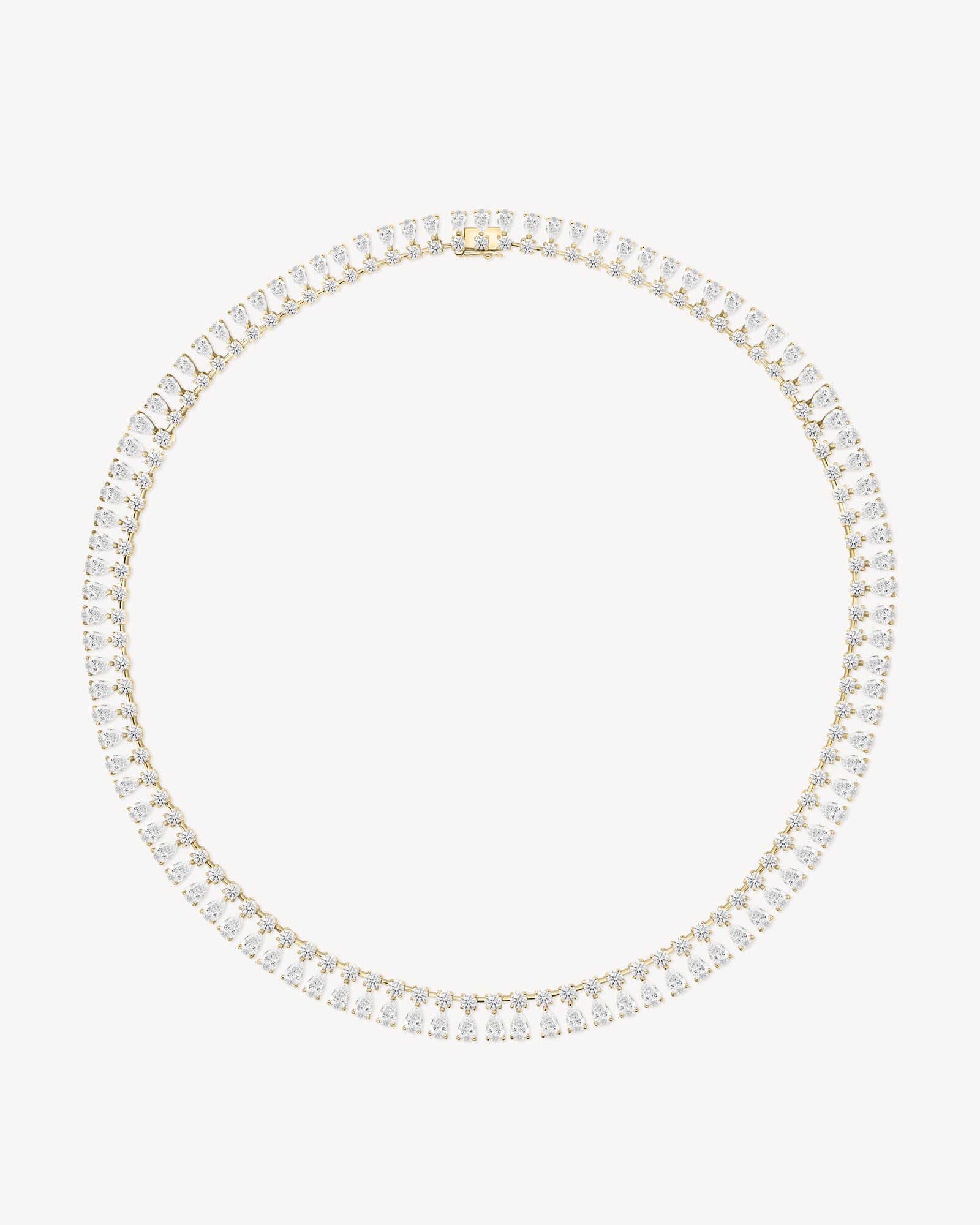 Double row round and pear cut diamond tennis necklace in yellow gold