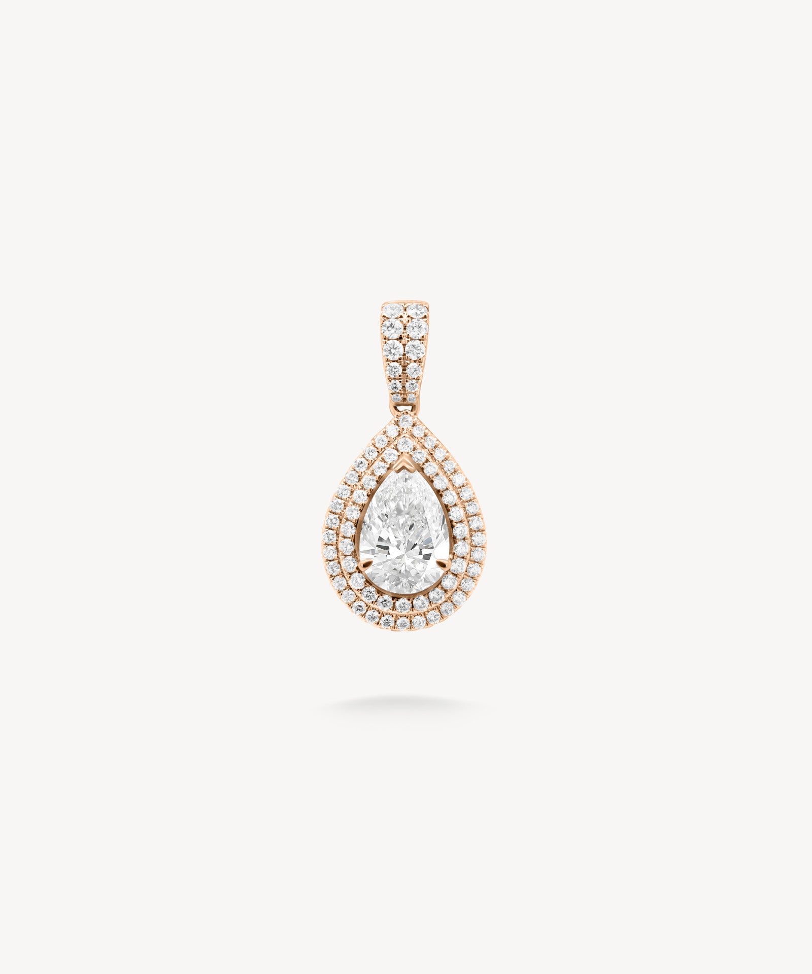 Pear cut diamond double halo pendant in rose gold