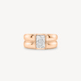 Radiant Cut diamond double gold band ring in 18K rose gold set against a white background