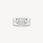 Radiant Cut diamond double gold band ring in 18K white gold set against a white background