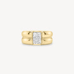 Radiant Cut diamond double gold band ring in 18K yellow gold set against a white background