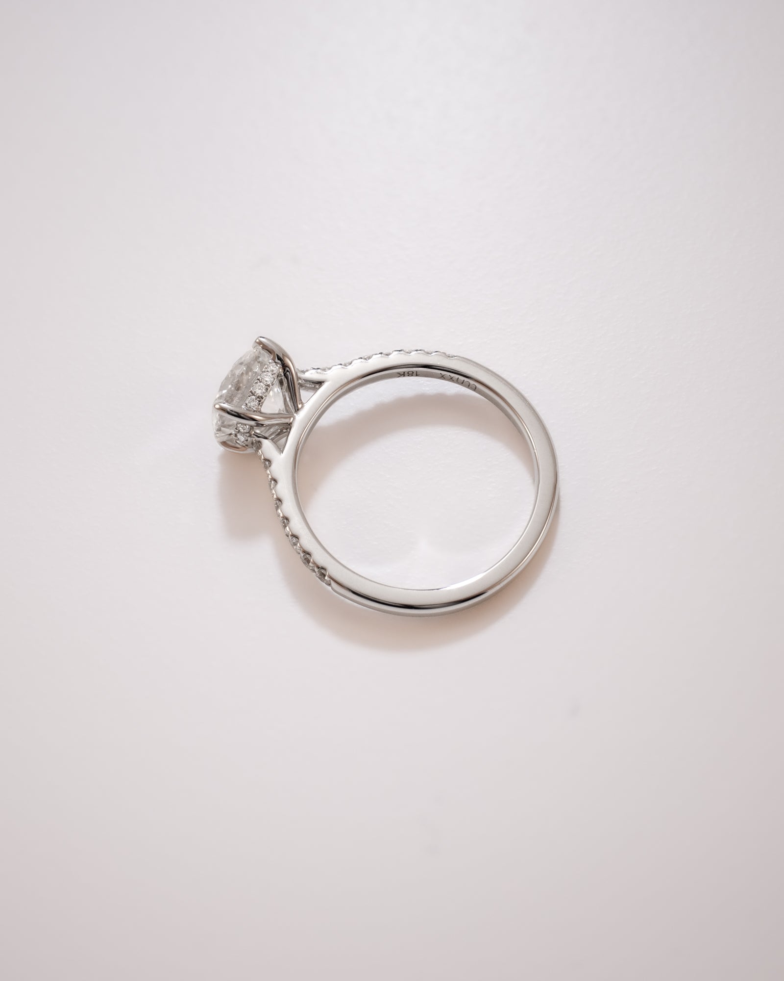 Round cut diamond pavé ring with hidden halo in white gold, side profile on a soft neutral background – tinxx jewelry