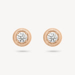 Round cut diamond stud earring with textured gold surround in rose gold