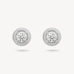 Round cut diamond stud earrings with textured gold surround in white gold