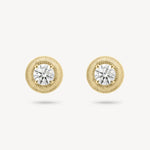 Round cut diamond stud earring with textured gold surround in yellow gold