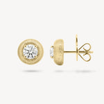 Round cut diamond stud earring with textured gold surround in yellow gold, front and side view