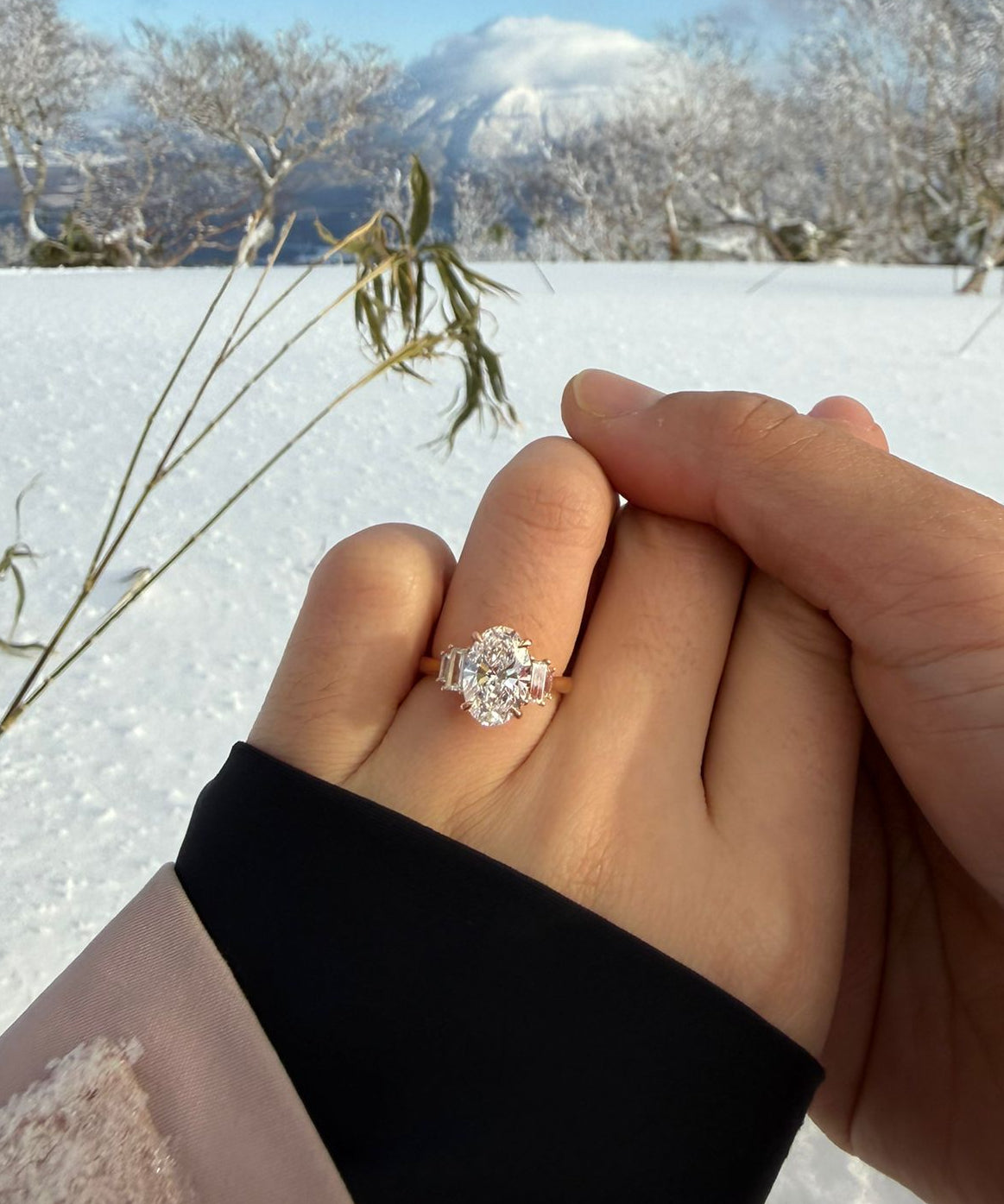 Two hands holding each other with a tinxx jewelry diamond ring against a snowy landscape.