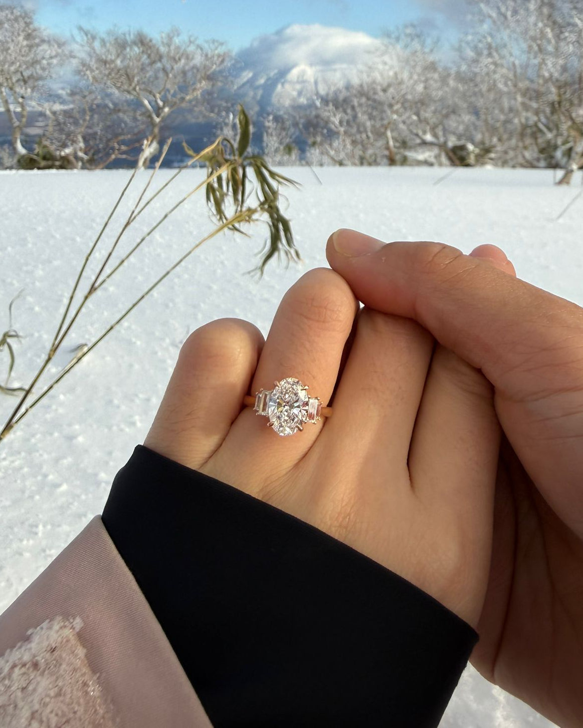Two hands holding each other with a tinxx jewelry diamond ring against a snowy landscape.