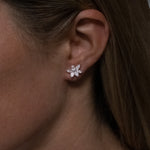 Marquise and pear cut cluster lab grown diamond stud earrings in 18K white gold from tinxx, shown worn on ear.
