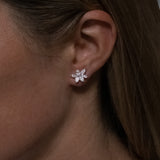 Marquise and pear cut cluster lab grown diamond stud earrings in 18K white gold from tinxx, shown worn on ear.